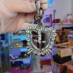 Rare Miu Miu Silver Crystal Cat Mirror Key Charm Bag Charm